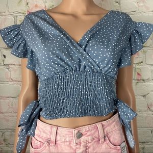 Shein Sky blue Crop top / white Pokey dots Medium